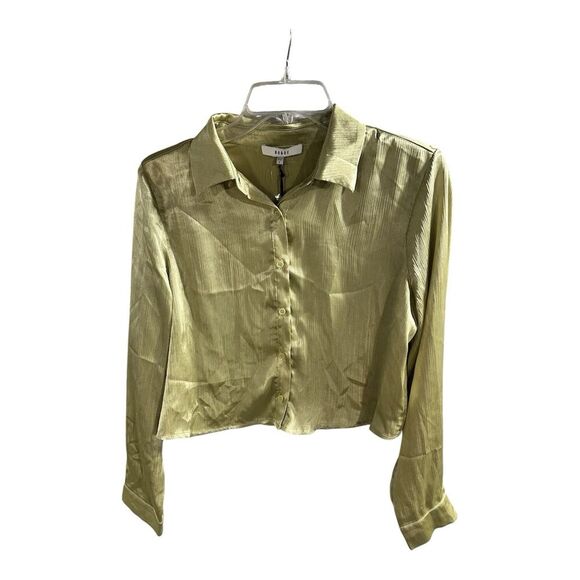 Ro & De Silky Green Cropped Button Up Blouse Size S NWT Pleated Shirt - Picture 1 of 7